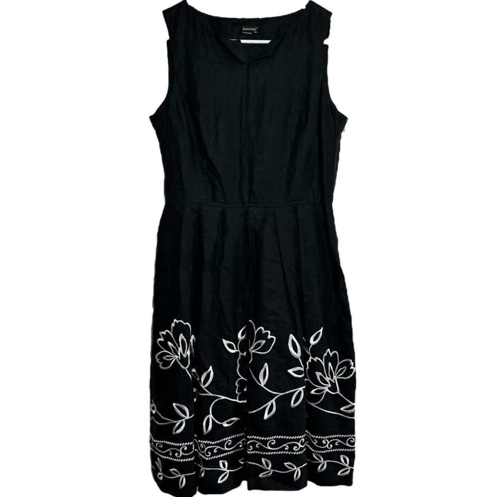 Vintage Barrie Pace Linen Dress Fit & Flare Floral Embroidered Pleated Black 6P
